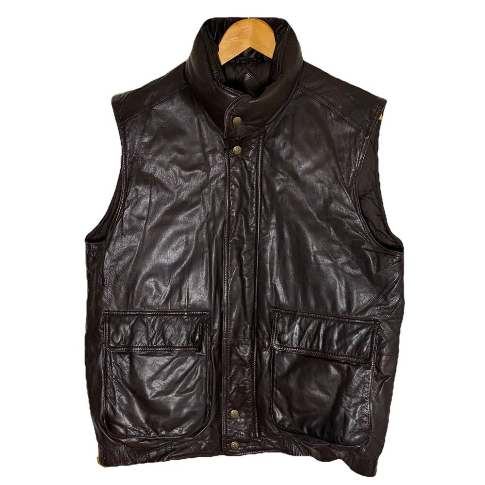 Vtg Eddie Bauer Mens Brown Leather Vest Goose Down Biker Zip Up Men’s Size L